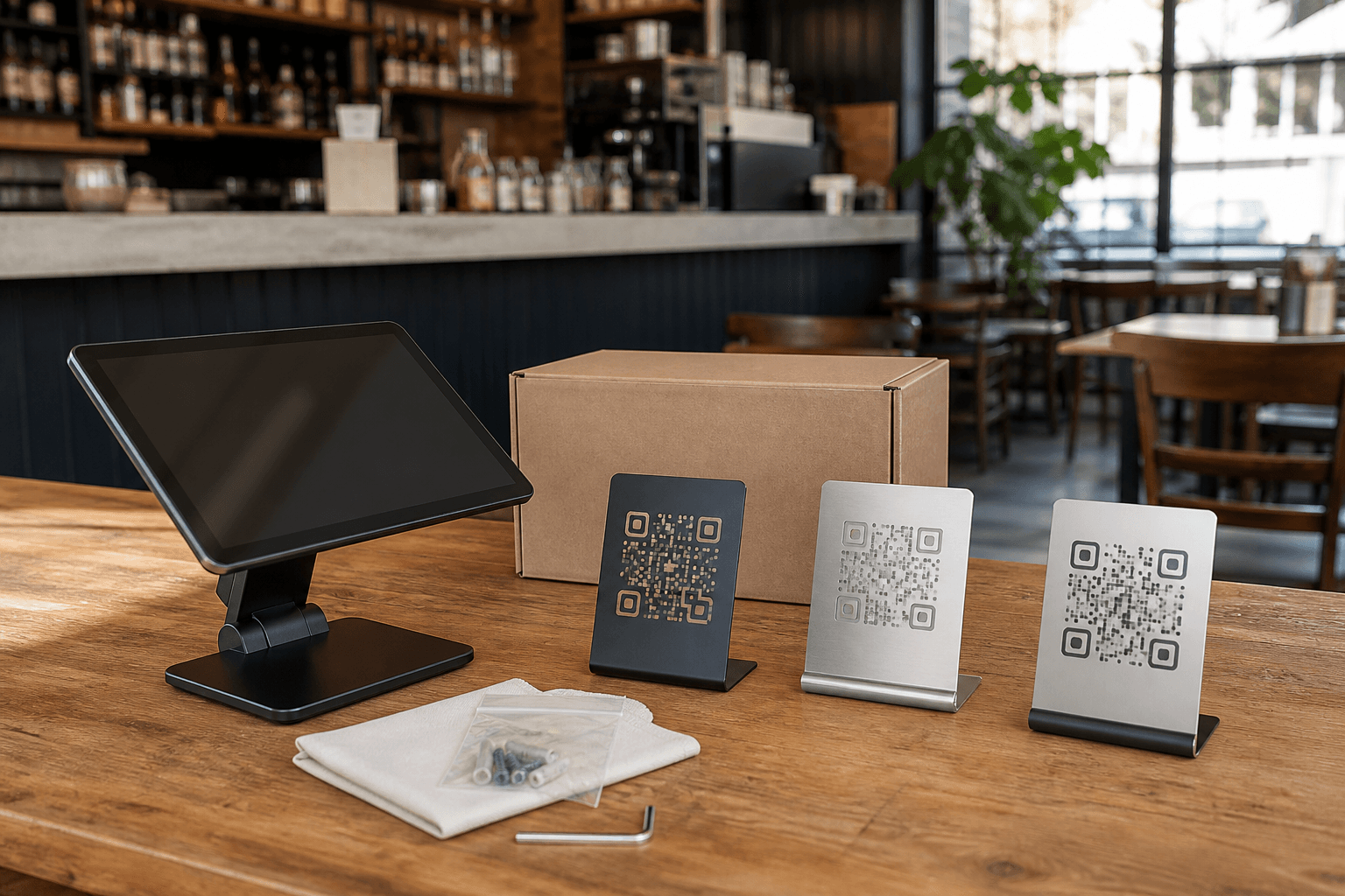 Kit de instalación con tablet, soportes QR y embalaje.
