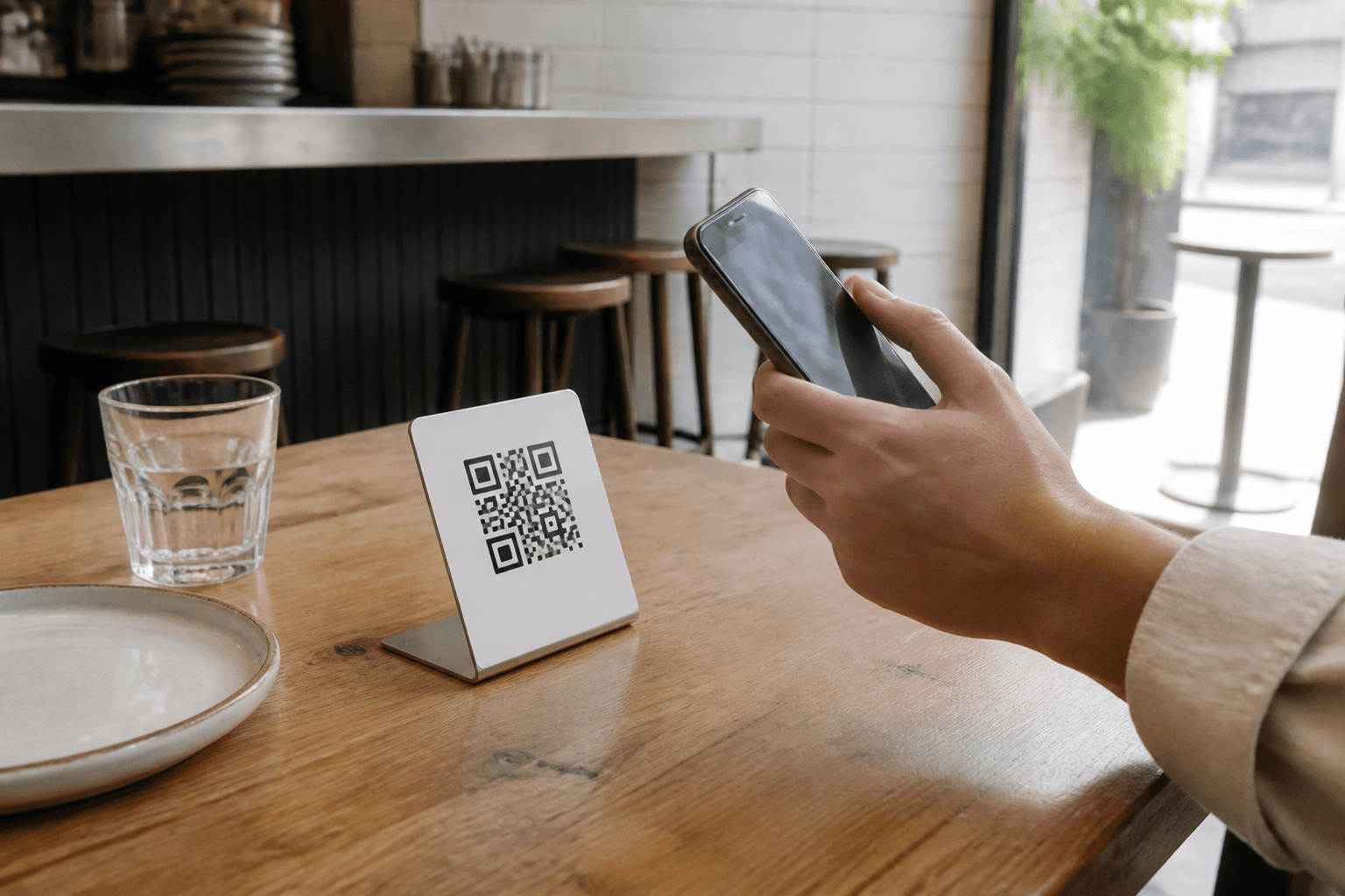 Una persona escanea el QR colocado sobre la mesa del local.
