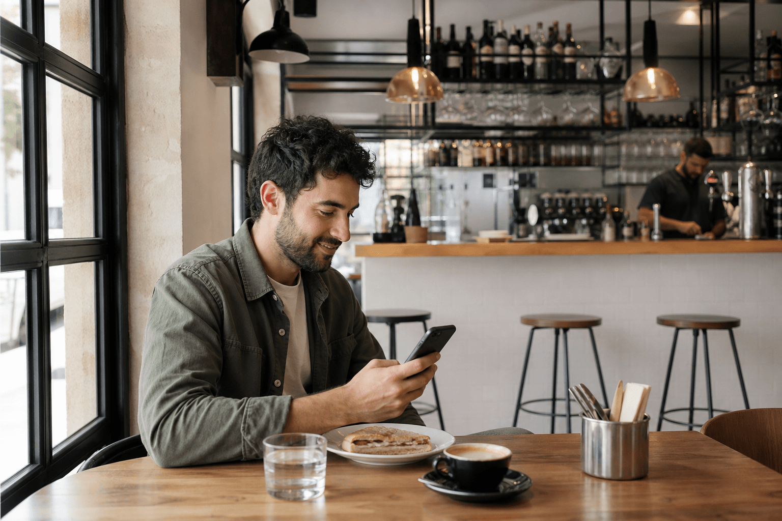 Un cliente consulta su móvil en la mesa de una cafetería.